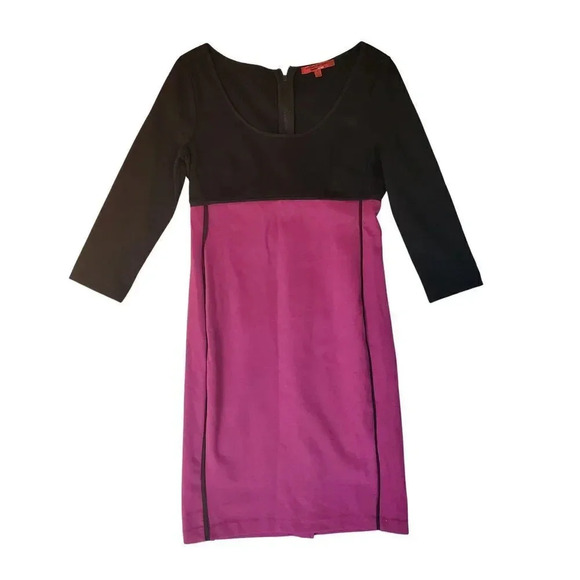 Narciso Rodriguez Dress Women Small Black & Mulberry 3/4 Sleeve Color Block Midi - Picture 1 of 5